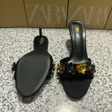 ZA Home 2025 New Cow Skin Flowers Exposed Toe And Cool Slippers Outside Wearing High Heels Sandals Women HZ0115