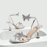 Women's Round Head Three-Dimensional Flower Paint And Fine High Heel Sandals Women's Shoes Elegant Silver High Heels HZ0115