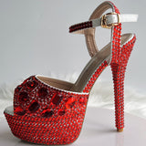 14Cm Fish Mouth High-Heeled Sandals Fine Heel Water Diamond Wedding Shoes Bride Shoes Color Diamond Crystal Sandals Full Of Diamond Shoes HZ0115