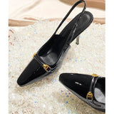 2025 Spring And Summer New Black Patent Leather French High Heel Women's Fine Heel Single-Shoe Temperament Niche Pointed Sandals HZ0115