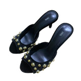 ZA2025 Spring New Rivet Slippers Black Women Wear Round-Headed High-Heeled Shoes HZ0115