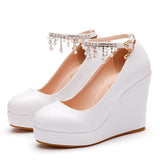 11 Cm White Round Head Water Table Slope Single Shoes Women Pearl Beads Supo Heel Shoes Large-Size High Heel Single Shoes Women HZ0115