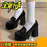 Lefu Shoes Women's New 2025 Black British Wind Small Leather Shoes High Heel Patent Leather Waterproof Table Coarse Square Head Single Shoes HZ0115