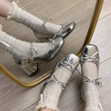 College Wind Square Shallow Bow Bow Small Leather Shoes Women's Net Red Explosive Fashion Temperament Trend Coarse Heel Increase Single Shoes HZ0115