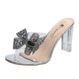 Water Drill Bow One-Word Slippers Women Summer Sexy Crystal And High-Heeched Cool Slippers Transparent Drag HZ0115