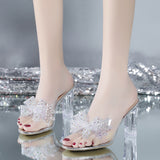 Water Drill Bow One-Word Slippers Women Summer Sexy Crystal And High-Heeched Cool Slippers Transparent Drag HZ0115