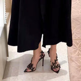 Black Water Drill Leaves Sandals New Spring And Autumn Sharp Leather Temperament With A Beautiful And Thin Word With Famous High Heels HZ0115