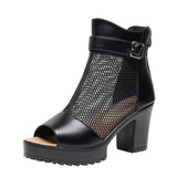 Fish Mouth Net Sandals Women Summer High Heel Waterproof Table Zipper Mesh Shoes Fashion Women's Hollow Breathable Cool Boots HZ0115