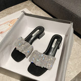 High-Heeled Temperament Famous Woman Summer Slippers French Small Heel Low Heel 3 Cm Black Water Drill Fashion Wearing Sandals HZ0115