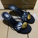 ZAJ2025 Spring New Women's Shoes Black Metal Details Decorating Round Head Fine High Heel Elegant Fashion Sandals HZ0115