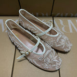 ZA Home 2025 New Women's Shoes Spanish Embroidery Fashion Low-Help Embroidery Mesh Single Shoes Women HZ0115