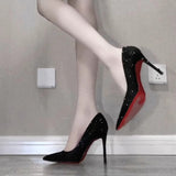 2025 Summer New Head Drill Black Fine With The Mature Temperament Of The Royal Sister Fashion Red Bottom High Heel Single Shoes HZ0115