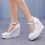 10 Cm Fashion Thick Bottom Slope Single Shoe Round Head Height Waterproof Slope Heel Buckle Heel Women's Shoes HZ0115