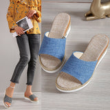 Large-Size 2025 New Pine Cake Heel Toe Cool Slippers Cloth One-Word Drag Cloth Women's Shoes HZ0115