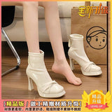 Fang With Thick Bottom Height Small Ankle Boots Women 2025 Autumn New Square Bows Short Boots French Elegant Thin Skin Boots HZ0115