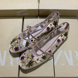 Fashion Flowers Embroidery Net Eye Ballet Flat Shoes Retro Word With Mary Jane Single Shoes National Style Net Shoes Apricot HZ0115