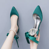 2 Cm Flat Tip Hollow Sandals Low Heel White Ribbon Wedding Shoes HZ0115