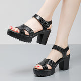 Painted Leather High Heel Waterproof Sandals Women Fashion Crocodile Pattern Walking Shoes Summer Coarse Heel Magic Sticky H Women's Shoes HZ0115