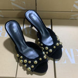 ZA2025 Spring New Rivet Slippers Black Women Wear Round-Headed High-Heeled Shoes HZ0115