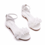2 Cm Square With A Shallow Mouth With Buckle Sandals Ivory White Silk Satin Bridal White Flowers Sandals Woman HZ0115