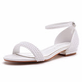 2 Cm Square With A Shallow Mouth With Buckle Sandals Ivory White Silk Satin Bridal White Pearl Sandals Woman HZ0115