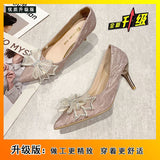 Wedding Shoes High Heels Women 2025 New Single-Shoe Female Pointed Fairy Wind Bow Water Drill Fine And Crystal Bridesmaid Shoes HZ0115