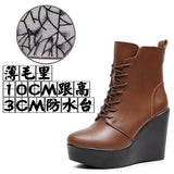 Round Head 12Cm High Slope And Waterproof Table Mid-Sleevel Boots With Side Zipper Women's Boots Pine Cake Plus Velvet Winter Warm Leather Boots HZ0115