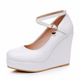 10 Cm Fashion Thick Bottom Slope Single Shoe Round Head Height Waterproof Slope Heel Buckle Heel Women's Shoes HZ0115
