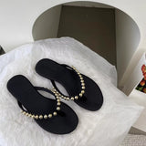 French Pearl Leather Flat-Bottomed Flip-Flops Women Wear The New Summer 2025 Summer New Trendy Beach Feet Cool Drag HZ0115