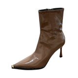 Vintage Pointed Short Boots Children 2025 New Temperament High-Heeled Shoes Patent Leather Skin Skin Skin Skin Skin Skin Skin Boots HZ0115