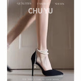2025 Fairy Wind And Black Beautiful Pearl Strap High Heels Sexy Shallow Velvet Single Shoes HZ0115