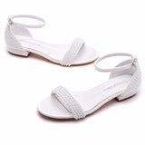 2 Cm Square With A Shallow Mouth With Buckle Sandals Ivory White Silk Satin Bridal White Pearl Sandals Woman HZ0115