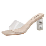 One-×Ös Slipper Women's Summer Wear 2025 New Square Head Crystal Coarse And Transparent Sexy High Heels Temperament Drag HZ0115