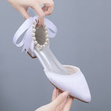 2 Cm Flat Tip Hollow Sandals Low Heel White Ribbon Wedding Shoes HZ0115