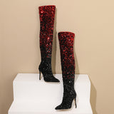 2025 New Gradient Squint Side Zipper Tip Fine Heel High Knee Boots Woman HZ0115