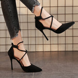 Sexy Pointed High Heels 2025 Spring New Fashion Cross-Lace Single Shoe Velvet Fine Heel Women's Shoes HZ0115