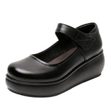 Cowle Skin Round Head Heel Slope And Shallow Mouth Single Shoes Waterproof Table Casual Leather Shoes Buckle With Loose Cake Thick-Soled Shoes Women Autumn HZ0115