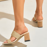 Women's Square Head Weaving Word With Thick Heel Sandals Women's Shoes Pure Color Simple Party Apricot High Heels HZ0115