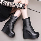 Round Head 12Cm High Slope And Waterproof Table Mid-Sleevel Boots With Side Zipper Women's Boots Pine Cake Plus Velvet Winter Warm Leather Boots HZ0115