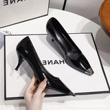 2025 Summer New Black Patent Leather High Heels Fine Heel Temperament Square French Girl Professional Fashion Single Shoes HZ0115