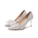French High-Heeled Women 2025 Spring And Autumn New Water Drill Bow Crystal Wedding Shoes Temperament Fine Heel Single Shoes Women HZ0115