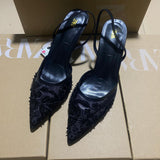 ZAJ2025 Spring New Pointed Thin-Heeled Mesh Buns High Heels Women's Lace Fragrant Wind Wear HZ0115