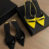 L-Of-O-Tip High-Heeled Shoes 2025 New Female Summer Fine Heel One-Word Drag Patent Leather Sexy Black Outer Wear Cold Slippers HZ0115