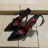 ZA Home 2025 Fashion New Pointed Women's Shoes Classic White Patent Leather Shallow Heel Stumbling Women's High Heel Sandals HZ0115