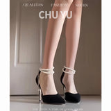 2025 Fairy Wind And Black Beautiful Pearl Strap High Heels Sexy Shallow Velvet Single Shoes HZ0115