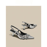 2025 Beautiful High-Heeled Shoes Female Fine Heel Silver Temperament Pointy Single Shoe Belt Buckle French Bag Head Sandals HZ0115