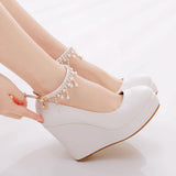 11 Cm White Round Head Water Table Slope Single Shoes Women Pearl Beads Supo Heel Shoes Large-Size High Heel Single Shoes Women HZ0115