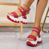 2025 Spring And Summer New Large-Size Thick Bottom Slope With Ladies Casual Sandals Pure Color Simple Grid HZ0115