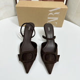 ZA Home 2025 Summer New Women's Shoes Exposed Light Sandals Brown Pointed High Heels Muller Shoes HZ0115