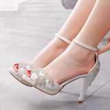 10 Cm High Heel Sandals Shallow Mouth Fish Mouth Water Table High Heel Sandals Water Drill Wedding Bridal Shoes White High Heels Women HZ0115